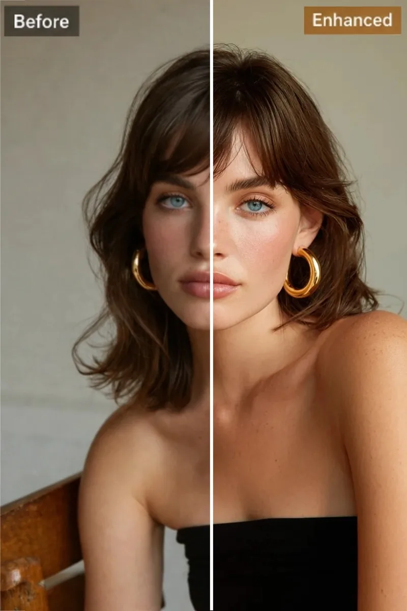 Before-and-after portrait preview showing clearer eyes, smoother skin tones, and more defined hair detail
