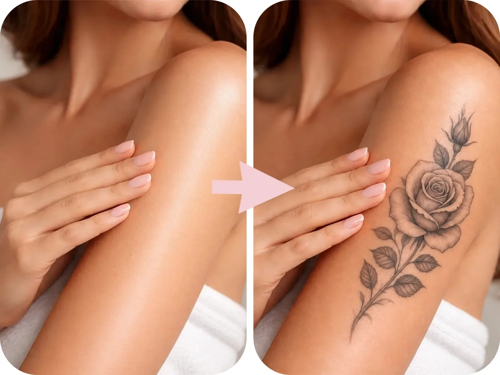 Before and after tattoo preview helping compare a first design on the same arm