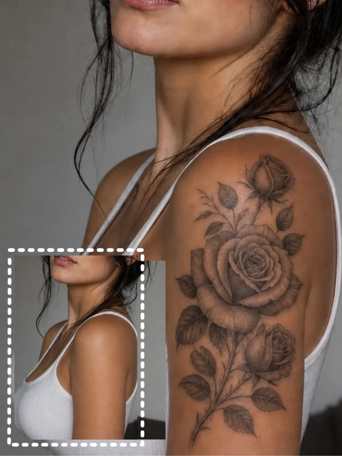 Rose tattoo preview on skin with fine shading for a timeless placement idea