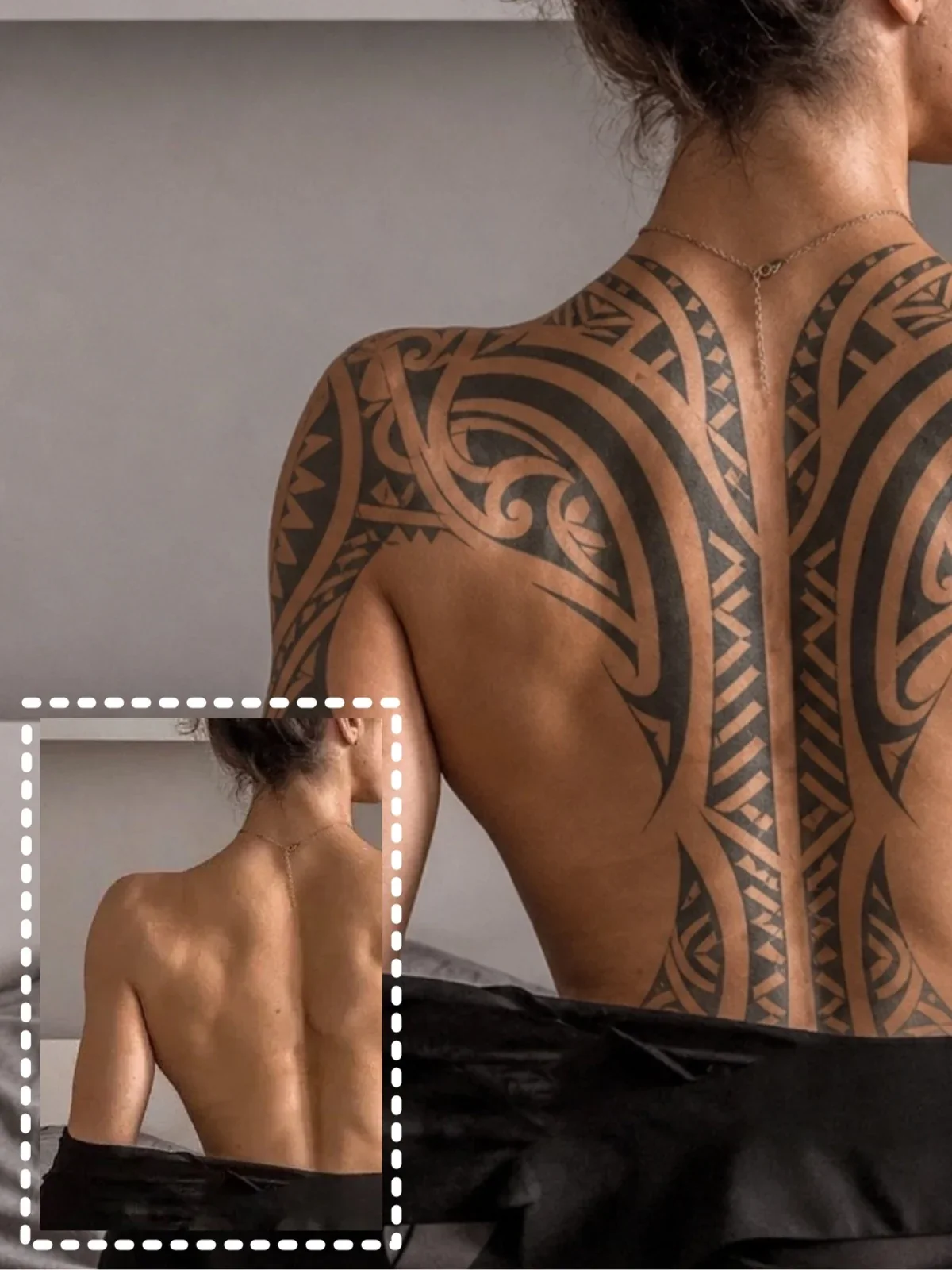 Tribal tattoo preview with bold black patterns across a strong body placement
