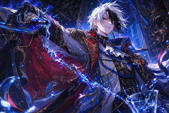 动漫角色插画，姿态张力十足，带有蓝色光晕和精致服装细节