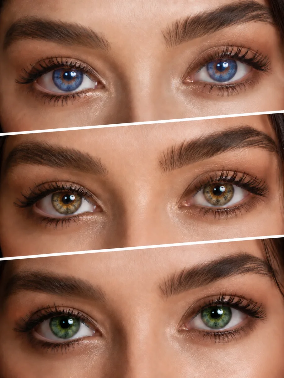 Three stacked before-and-after eye color comparisons on a woman's face