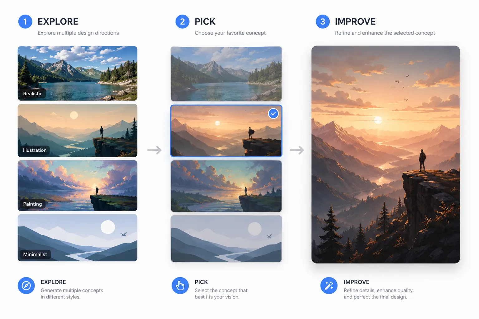 	Four AI-generated portrait directions show how one vague idea can lead to very different visual results