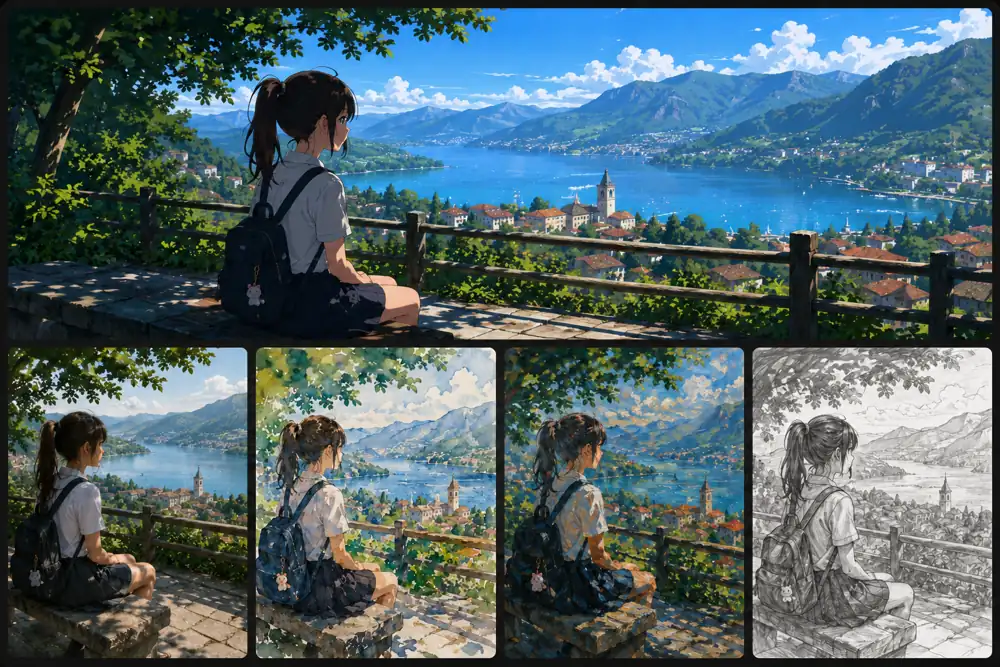 One photo restyled into realistic, watercolor, painterly, and sketch variations for prompt exploration