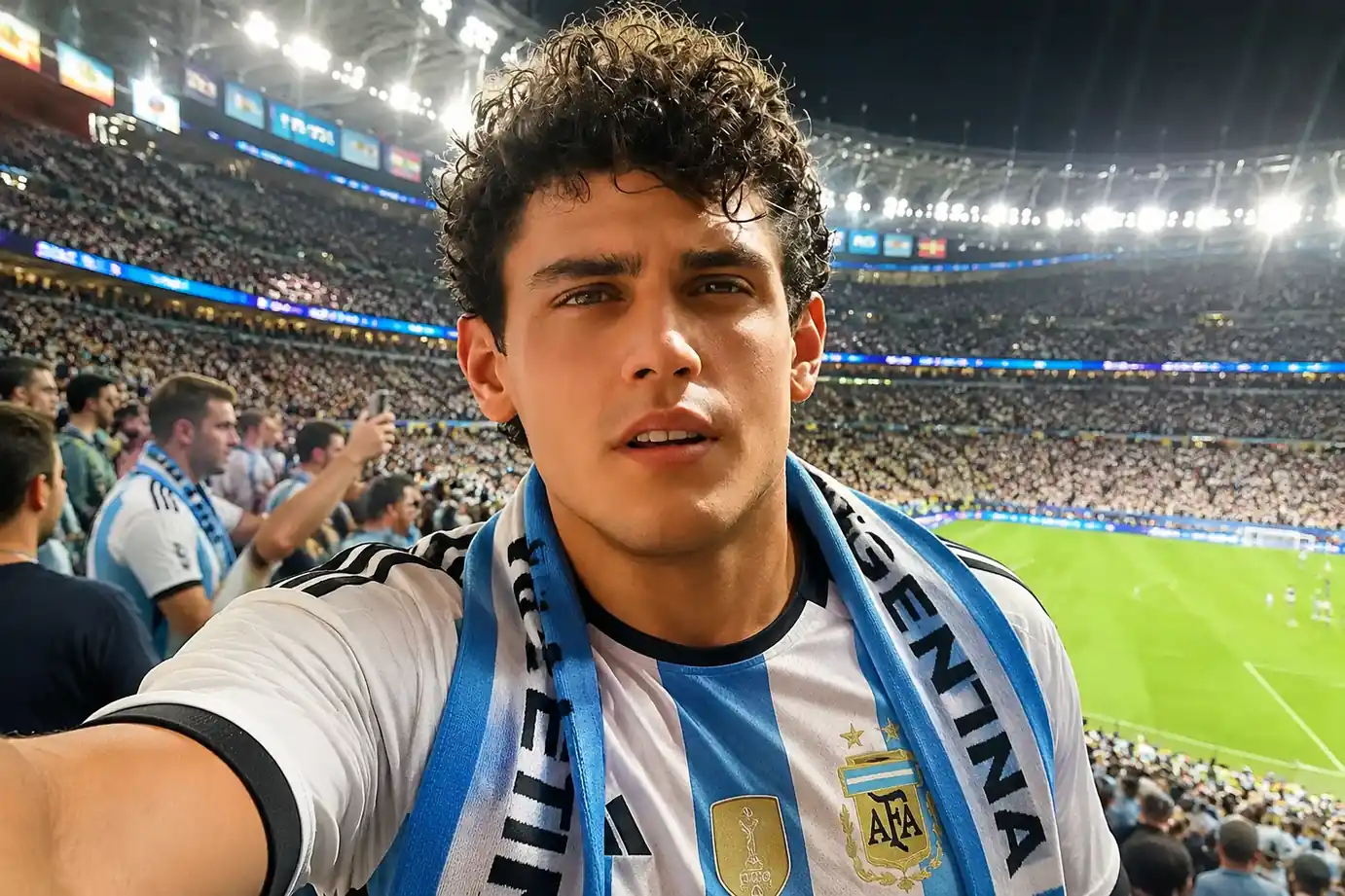 Argentina supporter taking a stadium selfie during a live match with a scarf and packed crowd behind