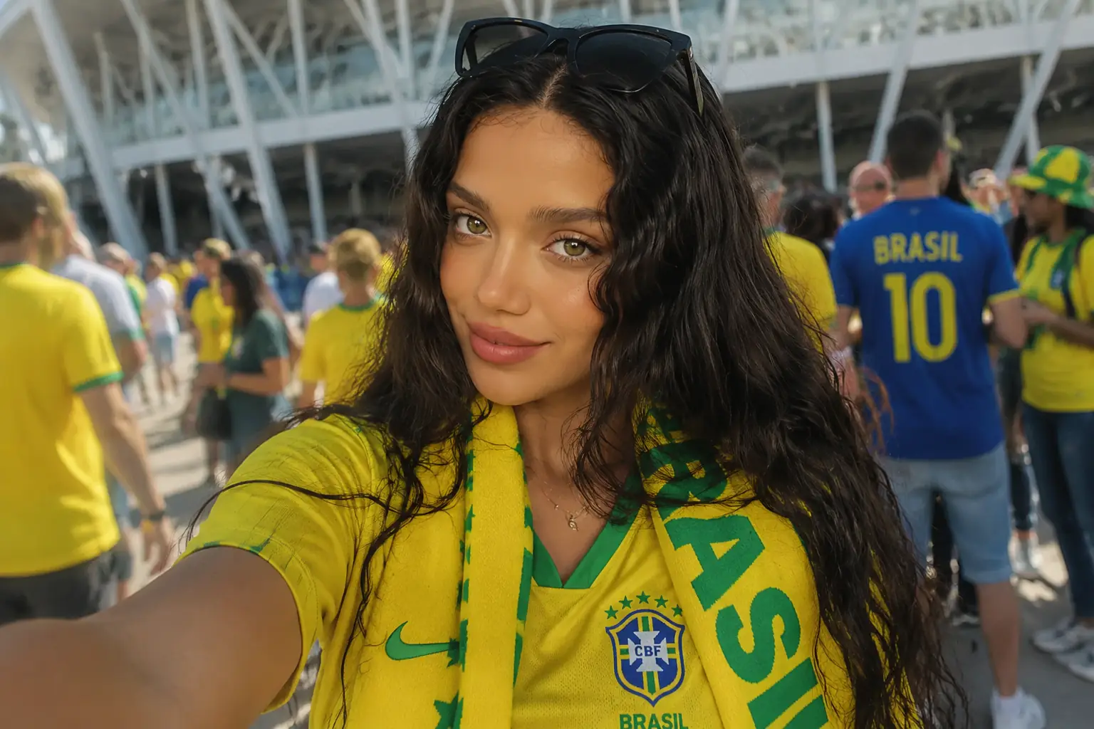 Brazil supporter selfie outside the stadium in a yellow jersey and scarf before kickoff