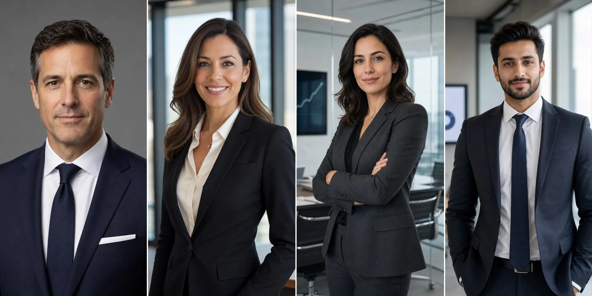 Four corporate headshots showing formal business attire, clean backgrounds, and professional executive portraits.