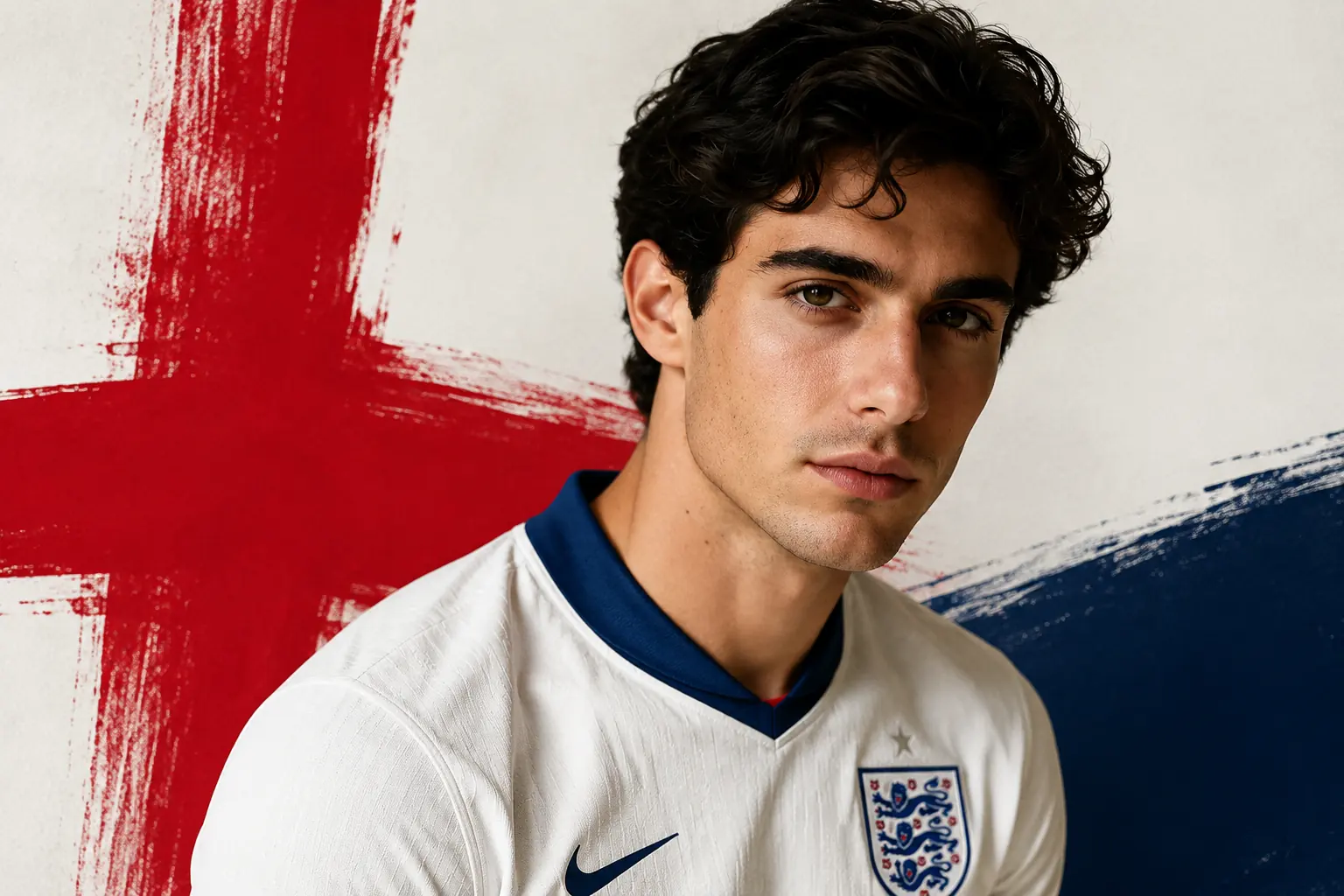 England-inspired football portrait with a clean flag-style background and a calm supporter look