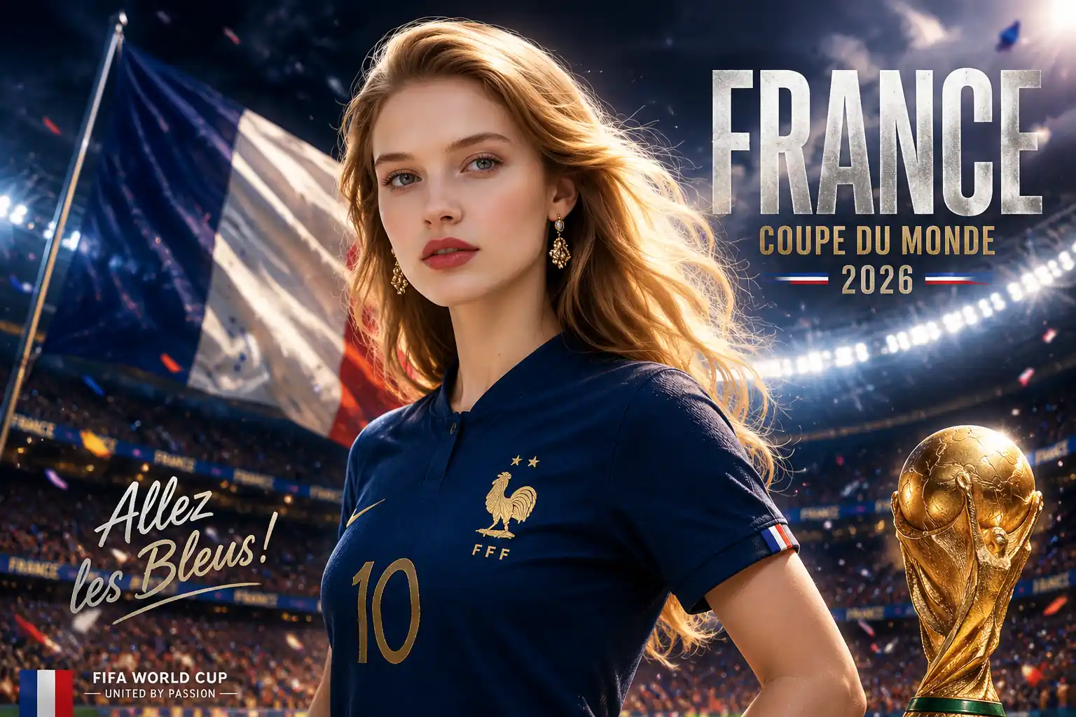 France-themed football poster with a female supporter, national flag, stadium lights, and trophy detail