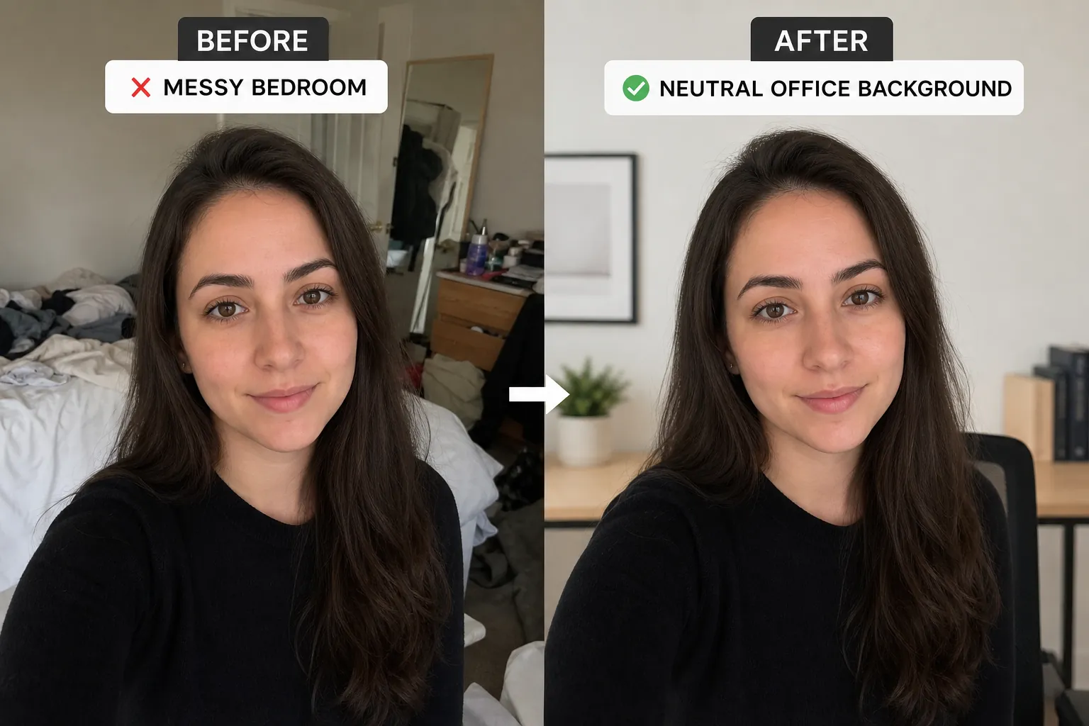 A side-by-side comparison showing how a clean office background creates a more professional headshot than a messy room.