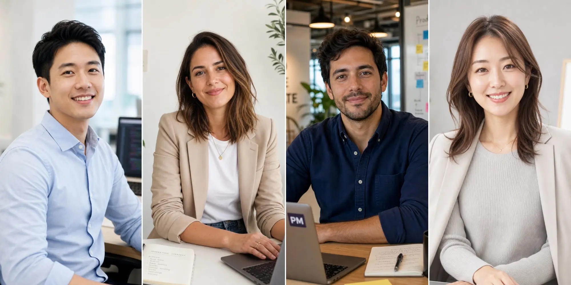 LinkedIn profile photo examples with business casual outfits, natural smiles, and modern office settings.