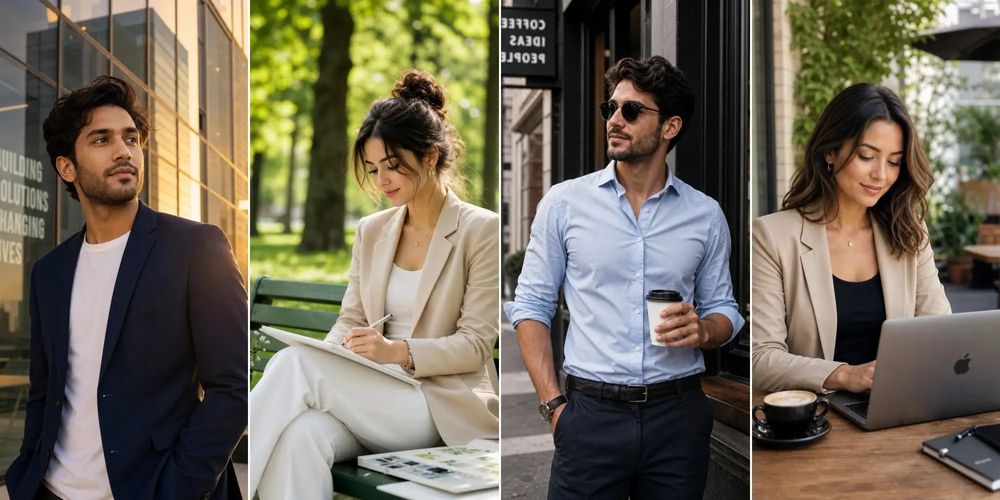 Outdoor professional headshots using natural light and modern environments for personal branding and business profiles.