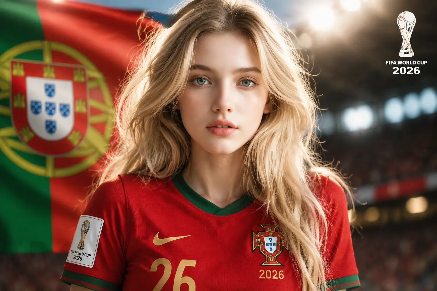 Portugal 2026 supporter portrait with national flag backdrop and bright tournament stadium lighting