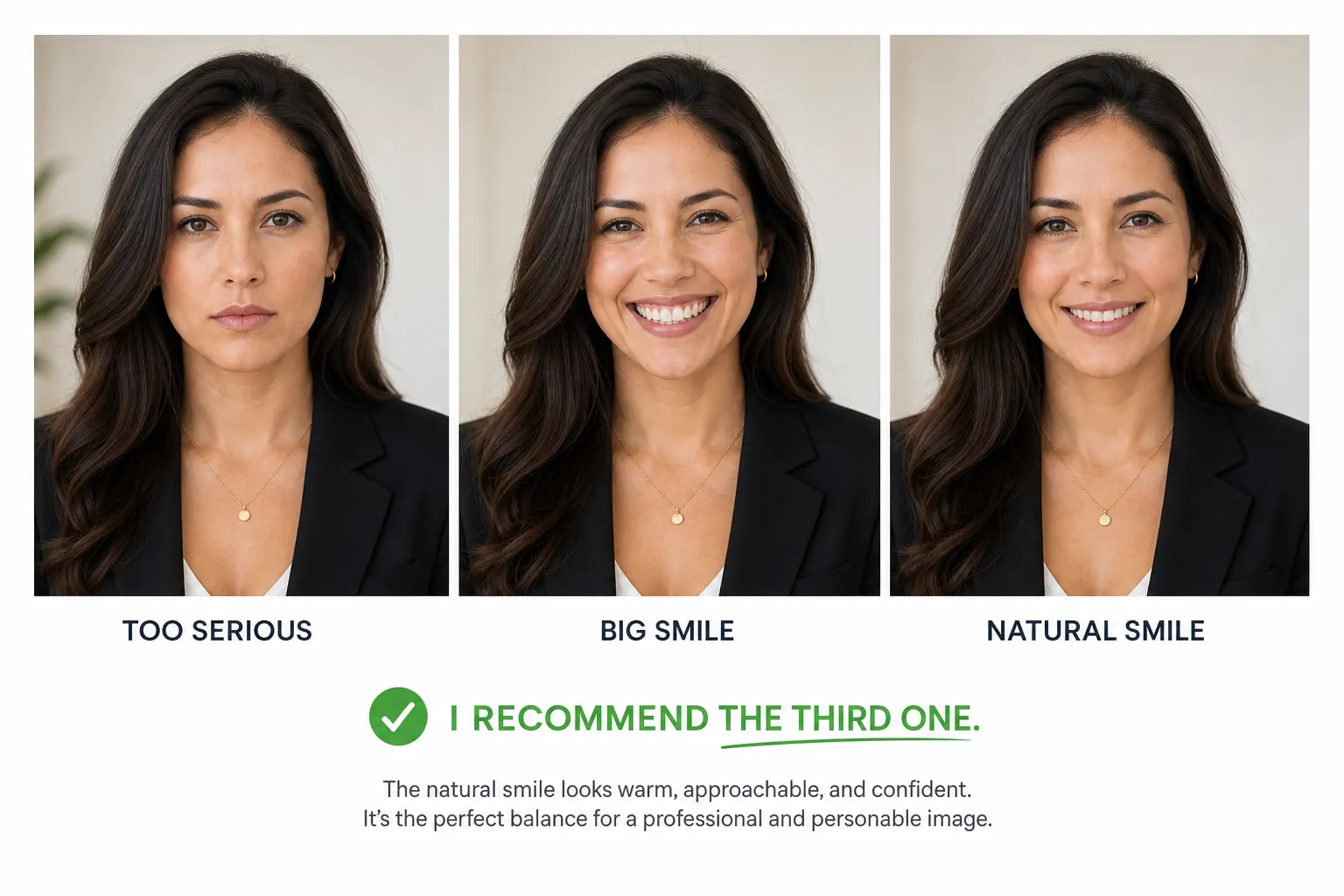 Three facial expressions compare a serious look, a big smile, and a natural smile for a professional portrait.