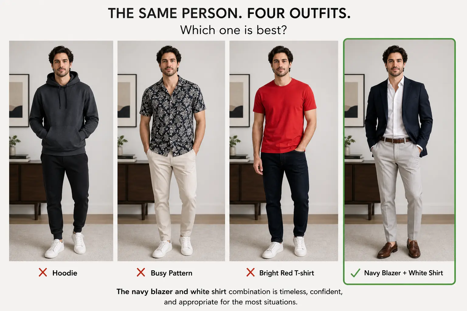 Four outfit choices compare casual and business clothing, highlighting a blazer and shirt for a professional appearance.