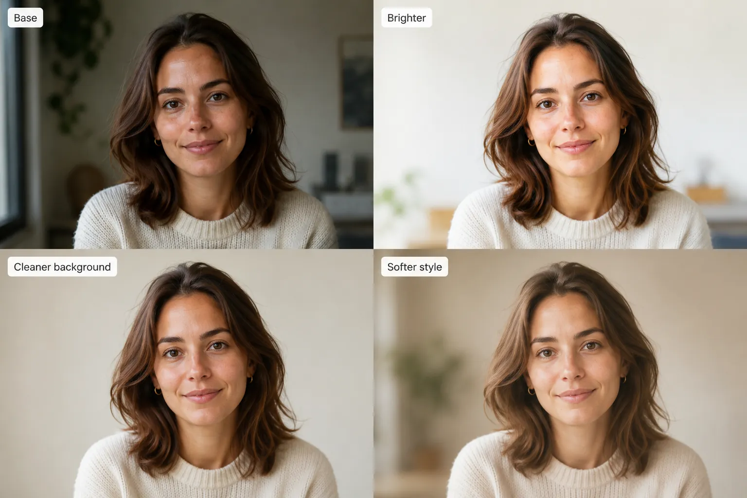 Portrait edits compare brighter lighting, a cleaner background, and a softer style after one prompt