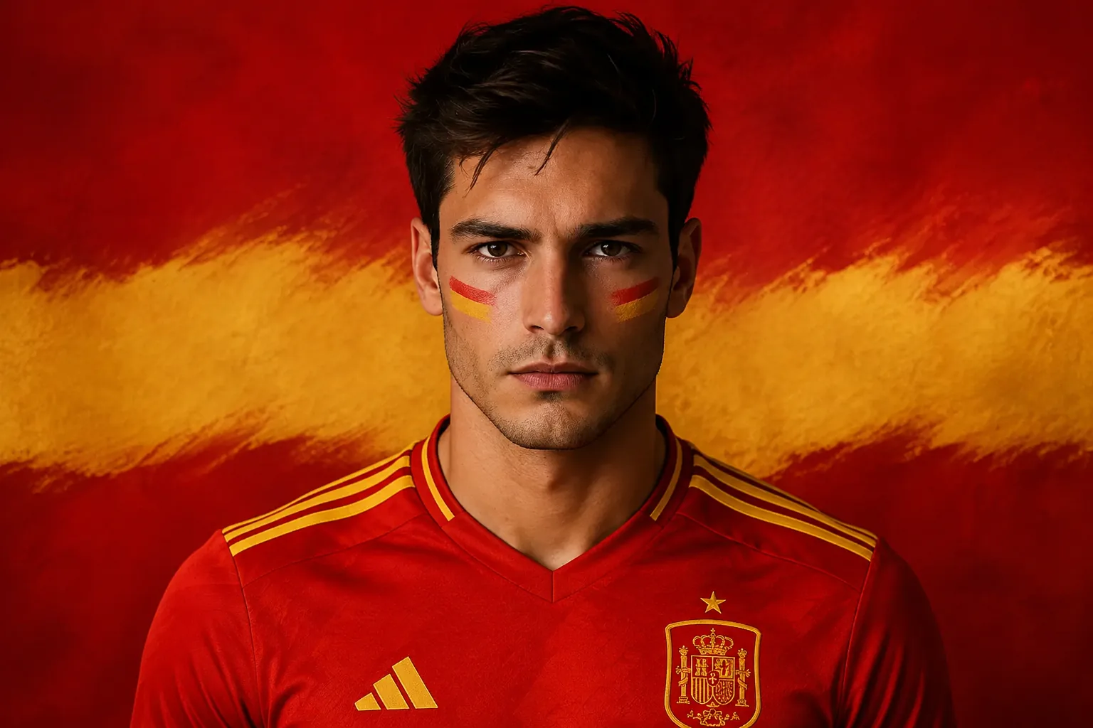 Spain fan portrait with red jersey, cheek paint, and bold flag-color background for team-themed images