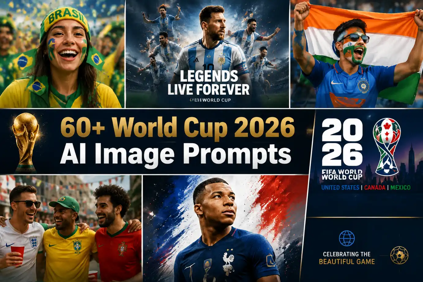 Collage of World Cup 2026 fan portraits, posters, and football-themed AI image prompt examples