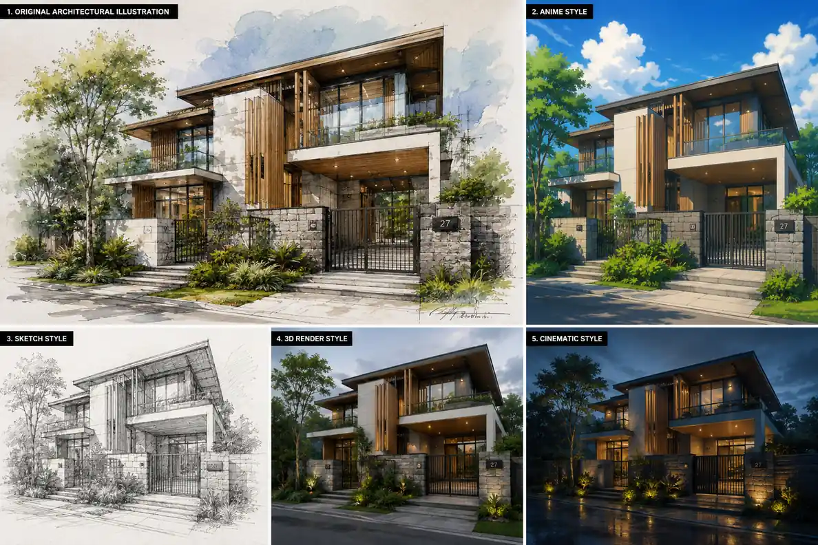 一个建筑概念图被扩展成多种住宅效果图风格，从草图到明亮白天和夜景外观都能呈现。