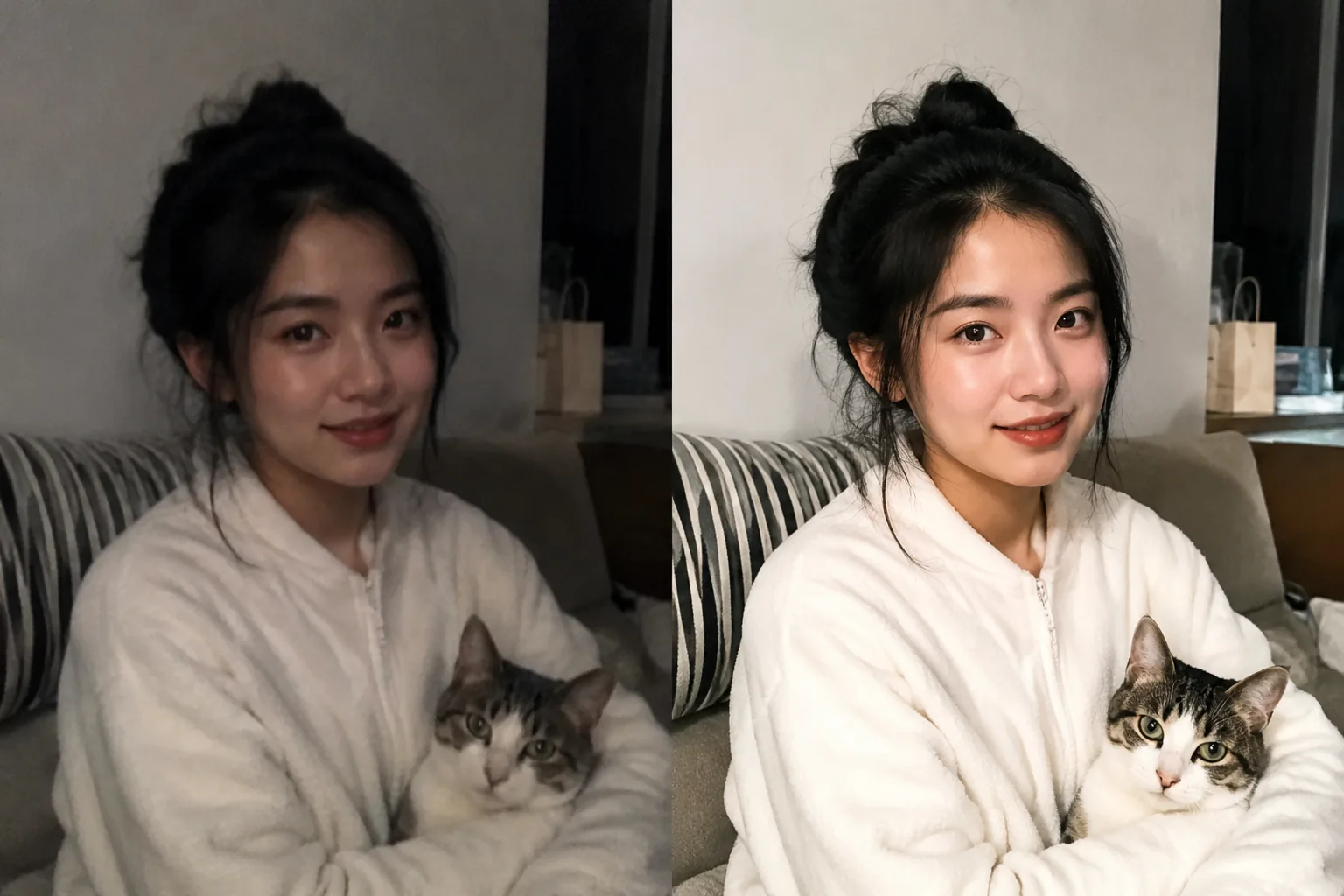 一张昏暗的室内人像与猫咪照片被优化成更明亮、更干净、光线和细节更出色的版本。