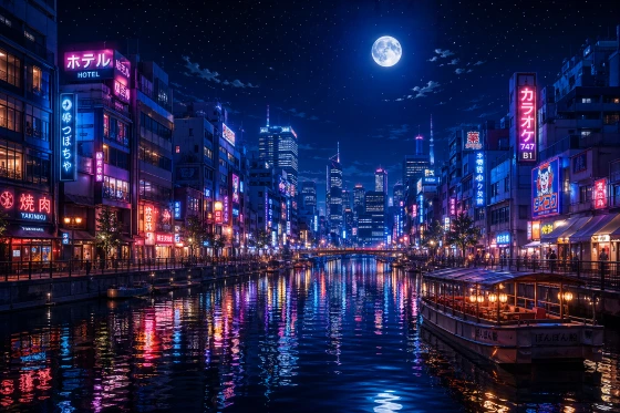 夜晚霓虹运河城市景观，蓝色倒影与明亮满月交相辉映