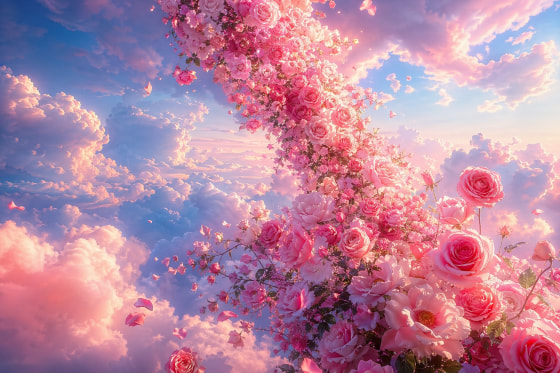 粉色玫瑰与柔和云层交织成梦幻粉彩天空