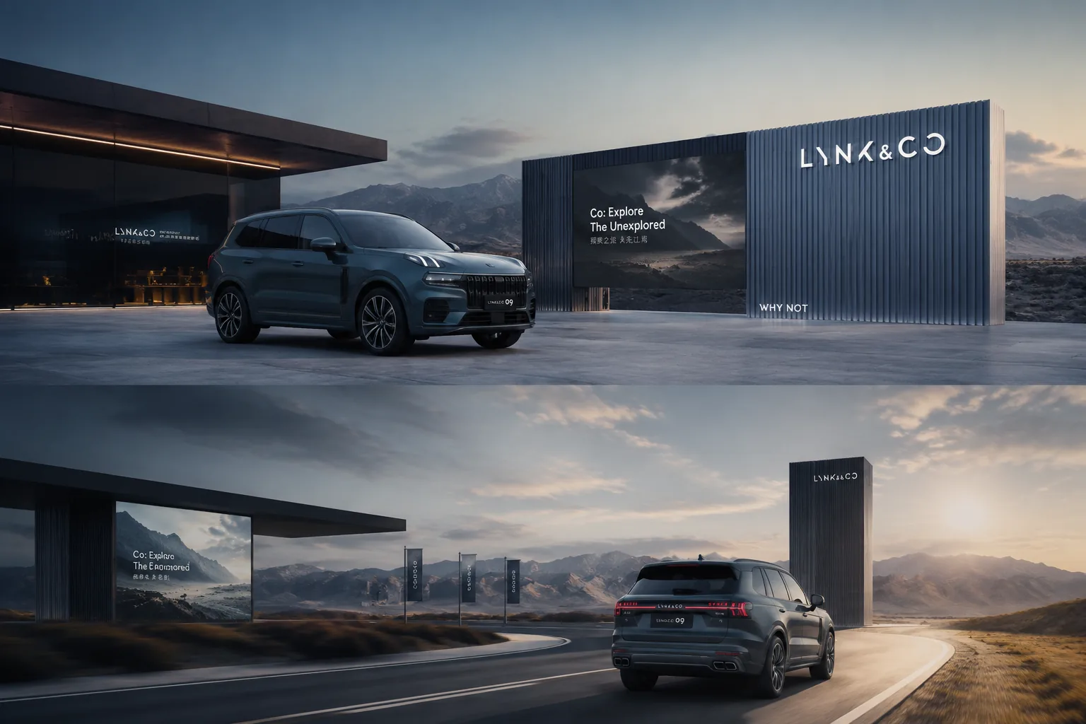 Automotive campaign scenes with showroom display and road driving sequence for a polished launch video