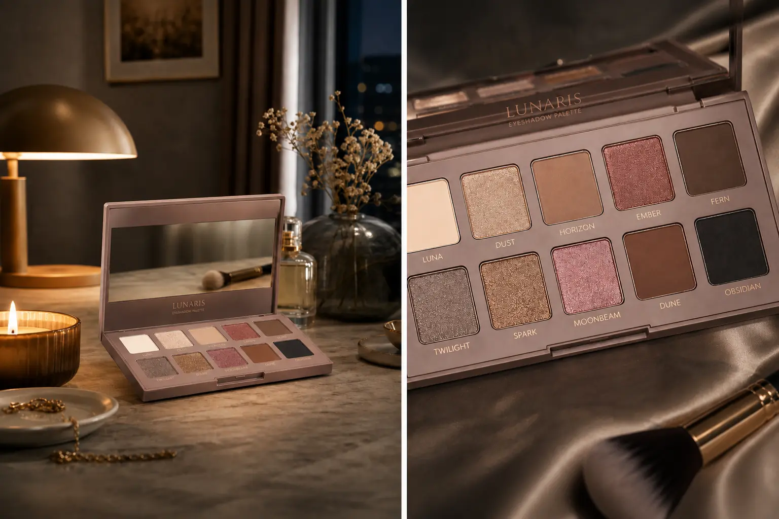 Split-screen beauty palette shots styled for e-commerce creatives, product ads, and detailed reveals