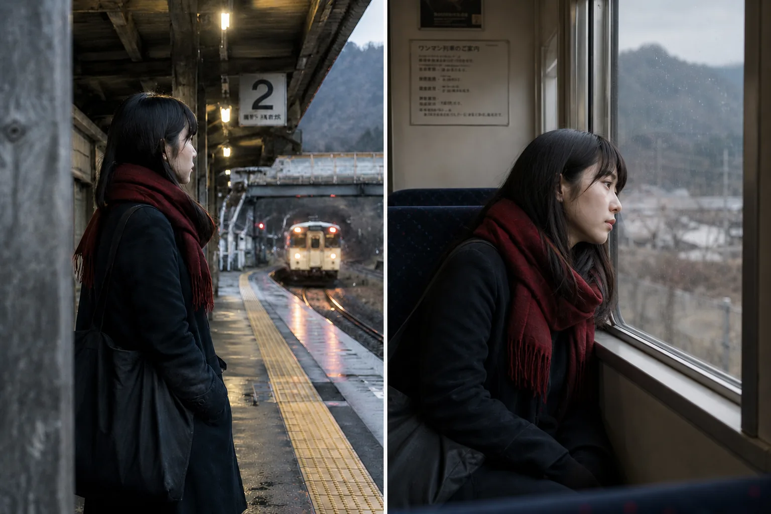 Quiet travel moments across platform and train window shots for character-led short video storytelling