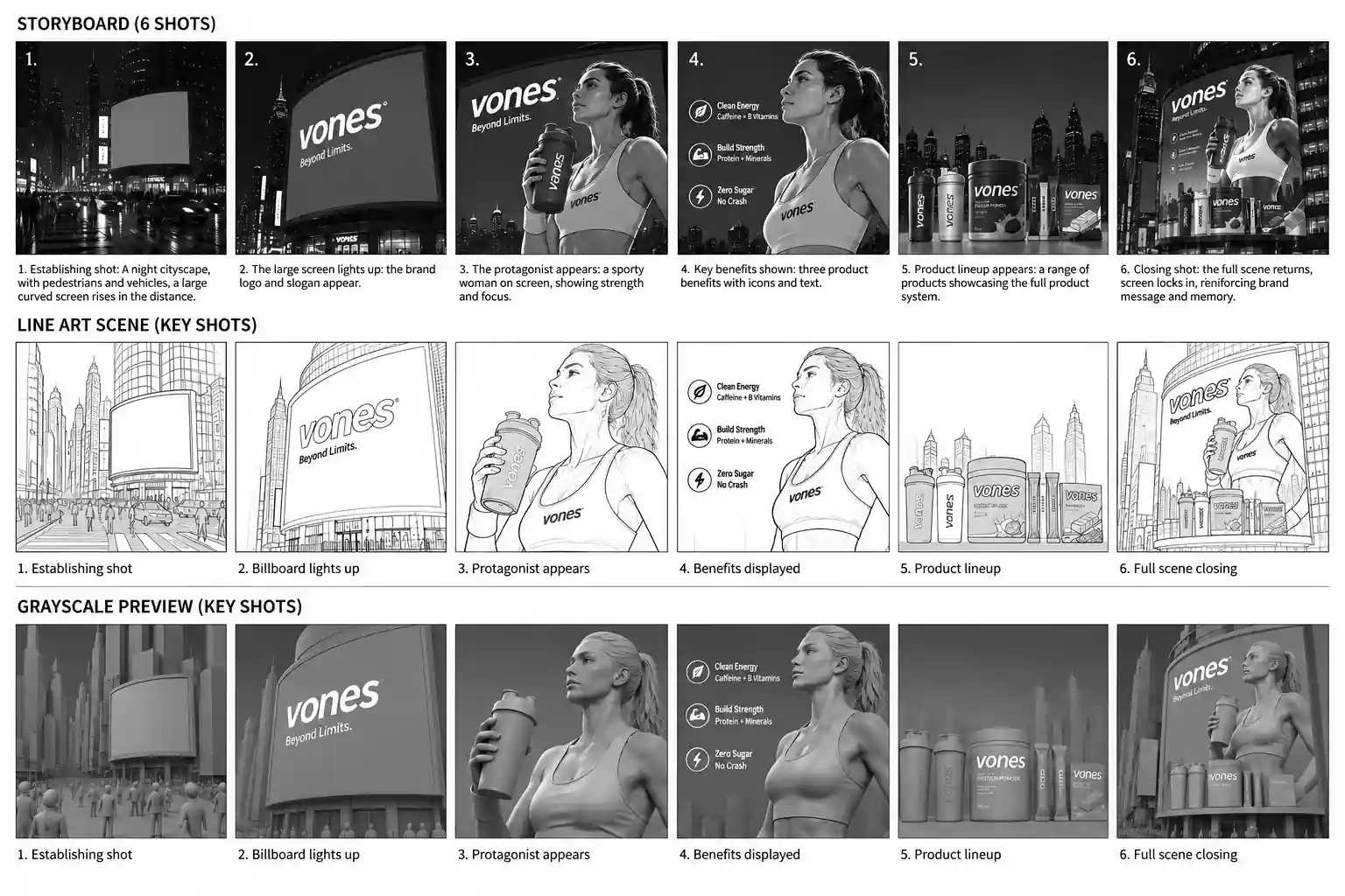 Six-shot storyboard sheet showing ad sequencing, line art frames, and grayscale preview for video planning