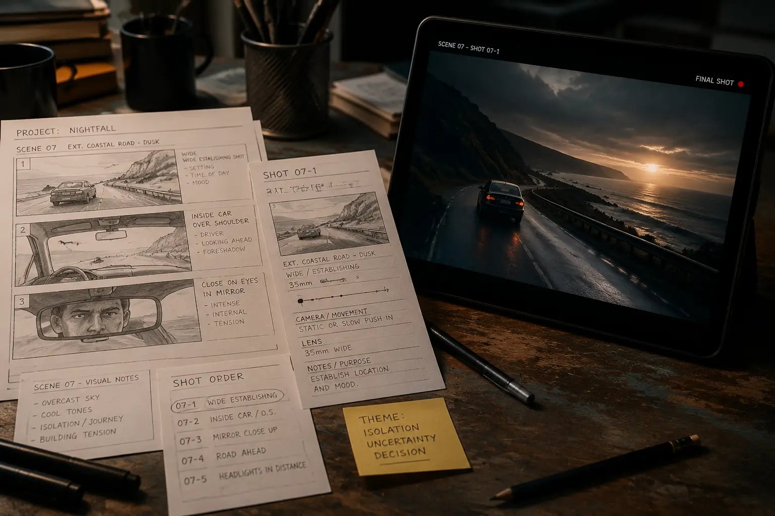 Storyboard notes beside a tablet playback frame, illustrating previs planning before video production