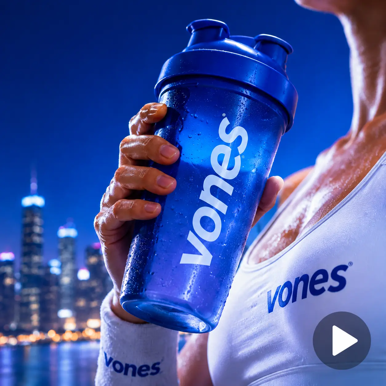 Close-up video frame of a branded shaker in hand, emphasizing texture and focus for product storytelling