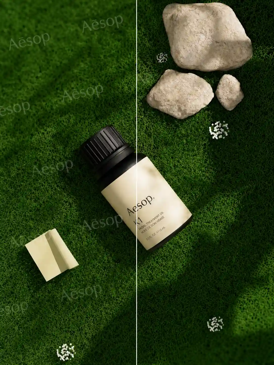 Essential oil bottle on a green textured surface, ready for AI Studio preview editing