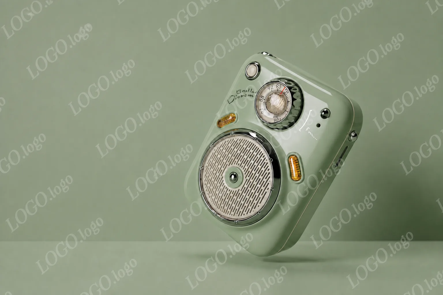 Mint instant camera product shot with diagonal logo watermark across the background