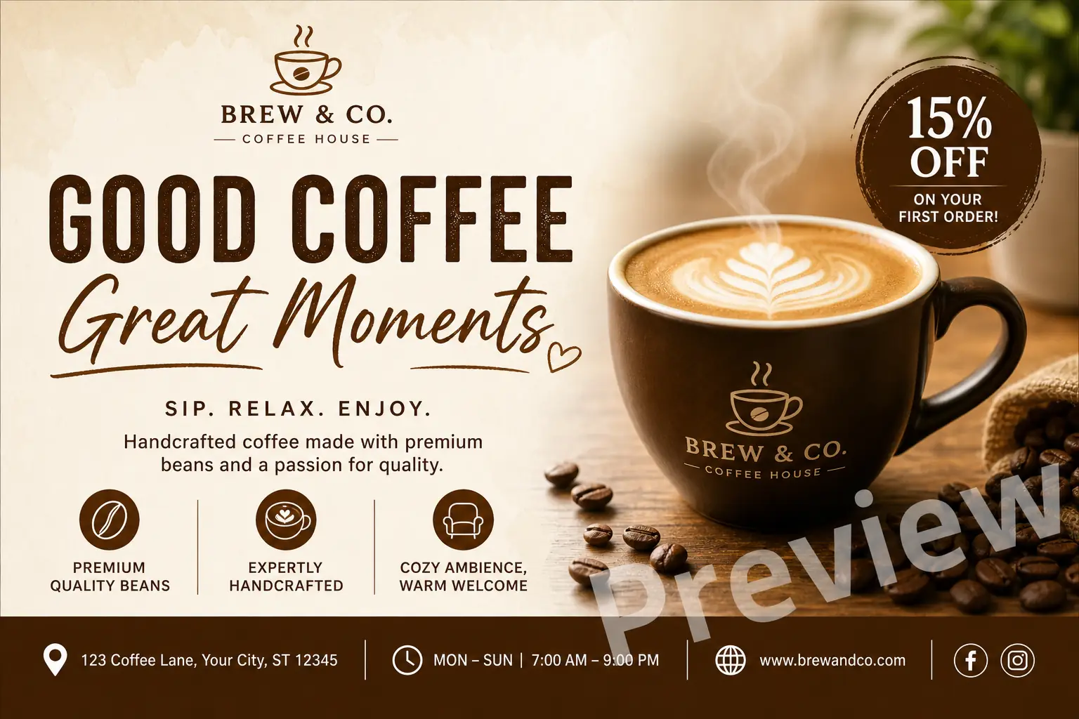 Coffee shop flyer with branded cup, discount badge, and preview watermark for design cleanup