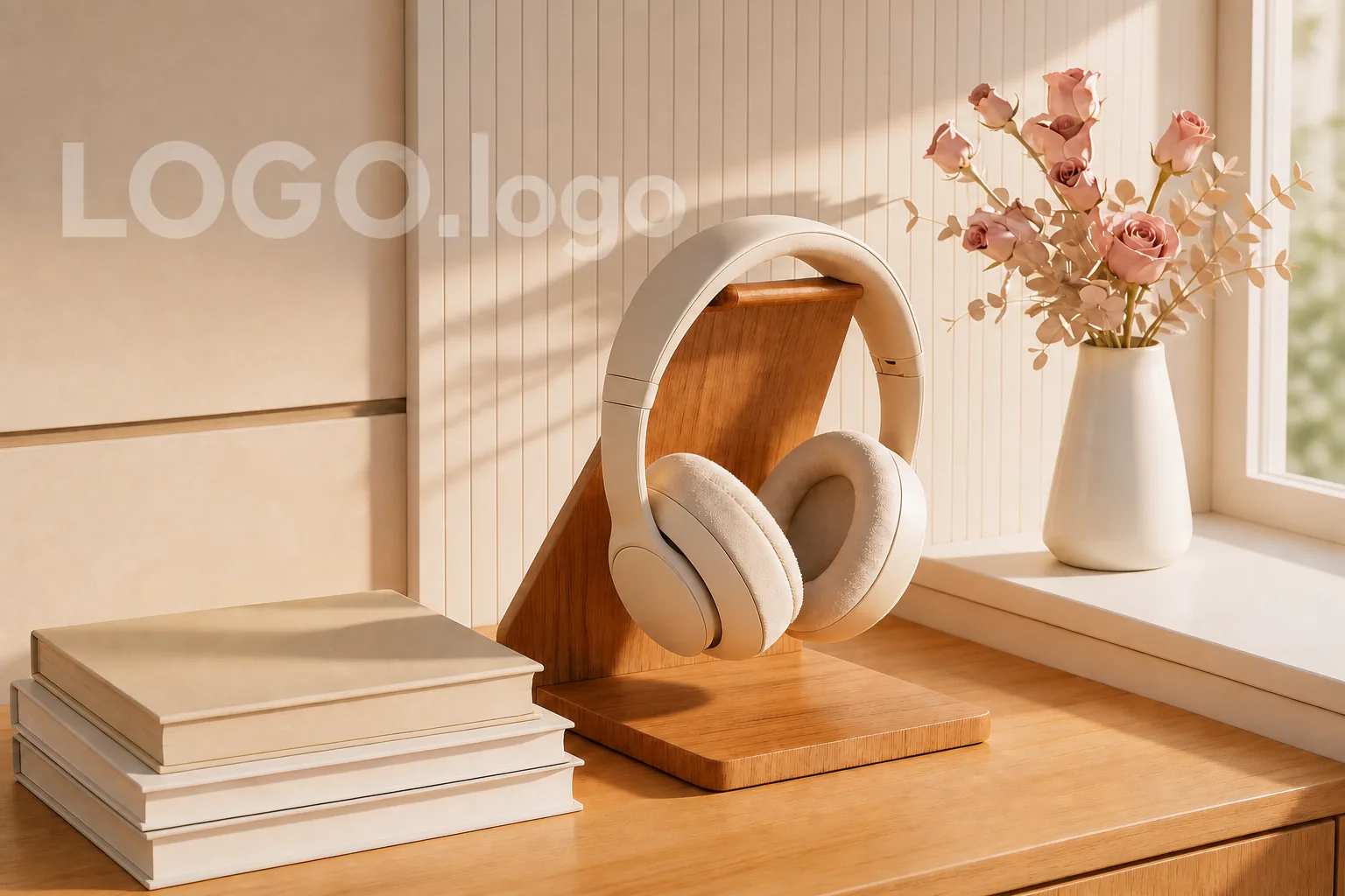 Desk scene with headphones and decor showing logo text before background restoration