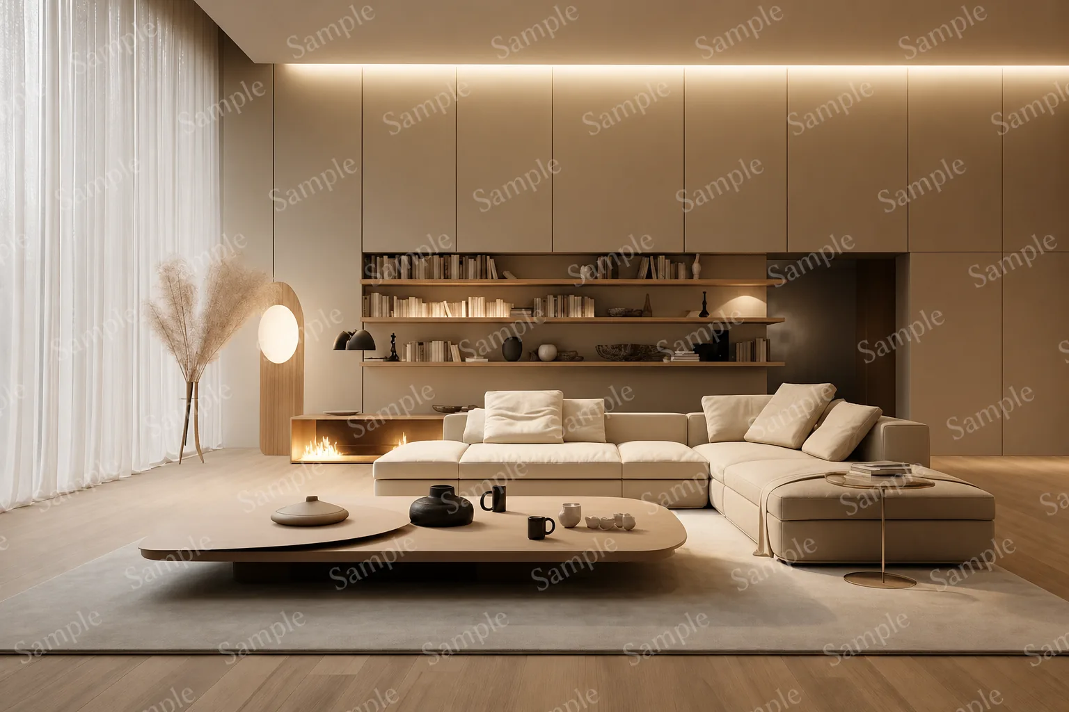 Luxury living room scene with diagonal logo overlay for interior photo restoration